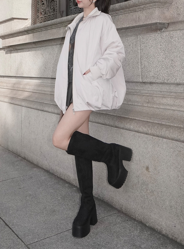 厚底ヒールレザーロングブーツ