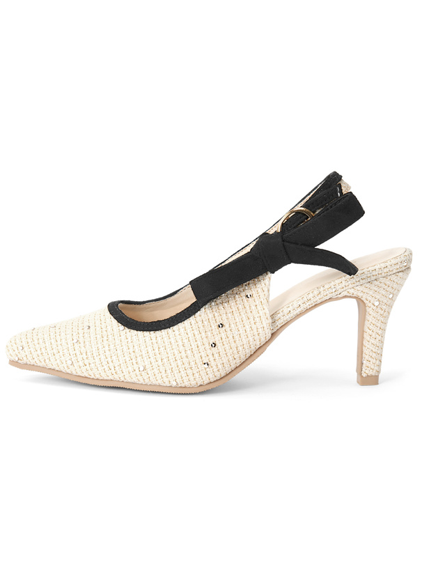 配色リボンツイードミュールパンプス