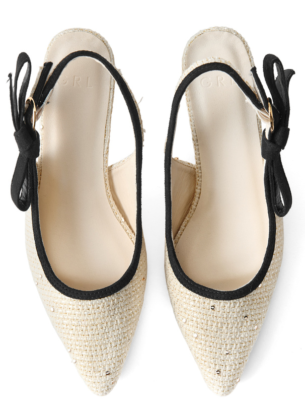 配色リボンツイードミュールパンプス