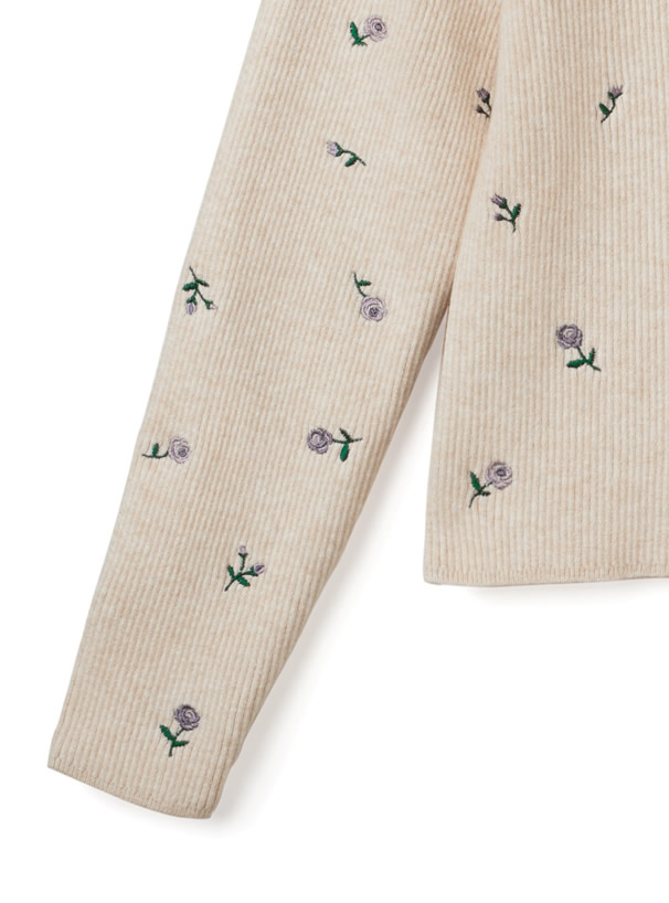 スクエアネック花柄刺繍ニットトップス