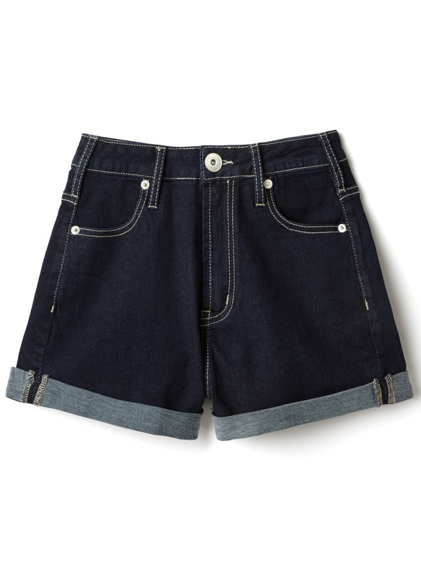 配色ステッチロールアップデニムショートパンツ