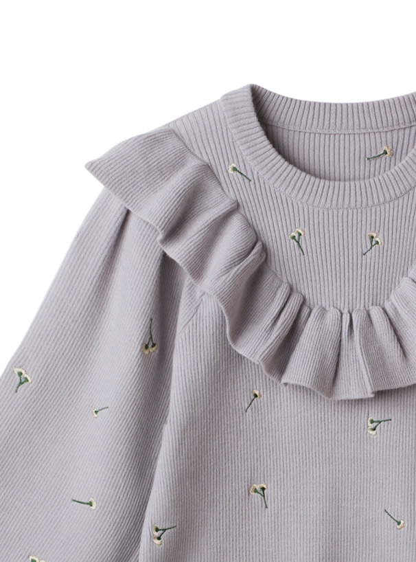 花柄刺繍フリルニットトップス