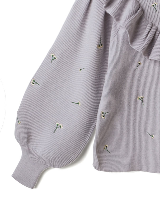 花柄刺繍フリルニットトップス