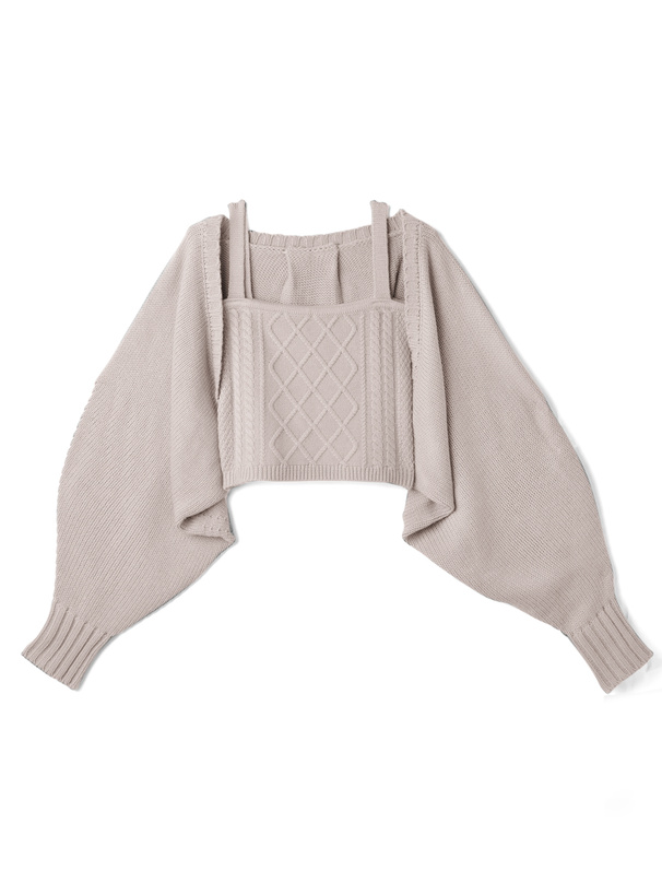 ボリュームスリーブカーディガンXケーブル編みキャミソールニットアンサンブル