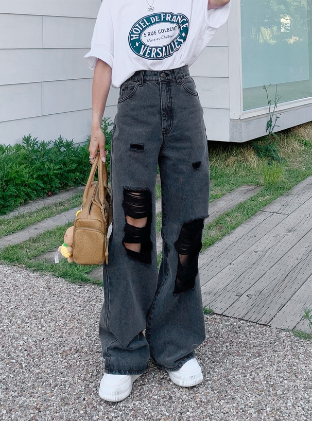 クラッシュデニムワイドパンツ