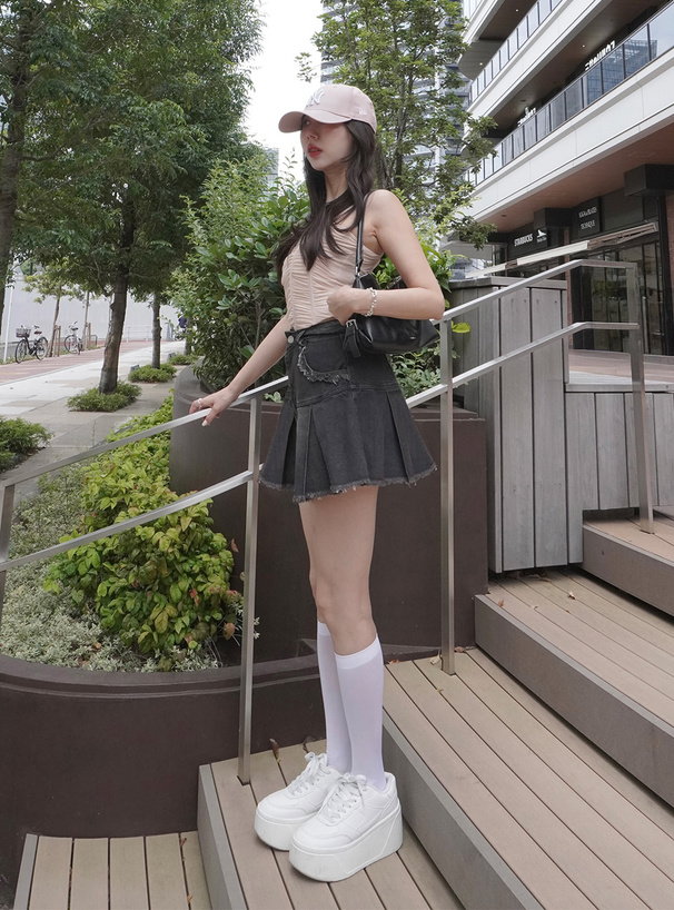 インパン裏地付デニムフリンジプリーツスカート