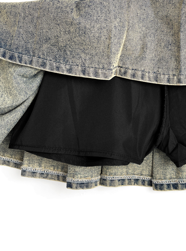 インパン裏地・ベルト付きデニムプリーツミニスカート