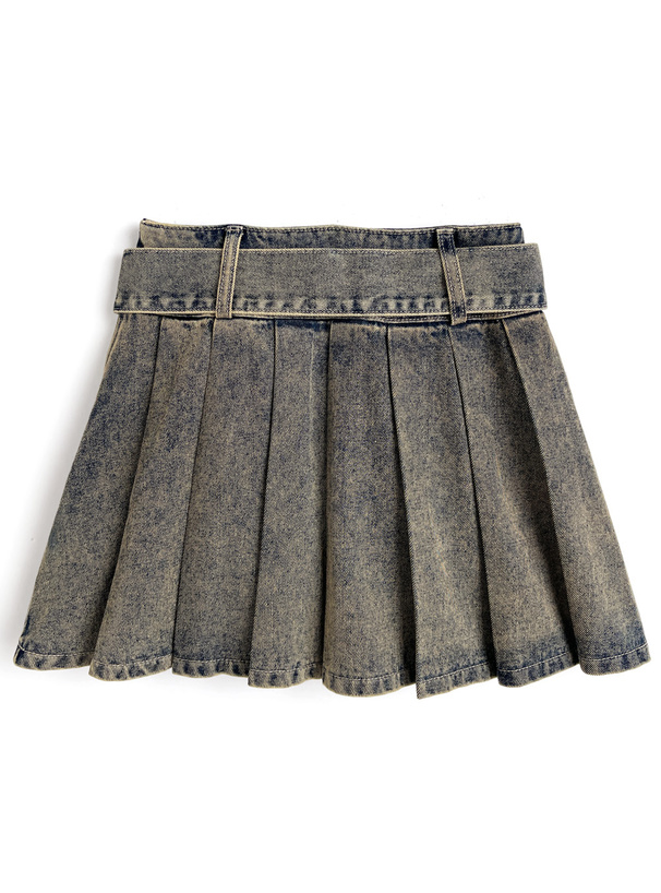 インパン裏地・ベルト付きデニムプリーツミニスカート