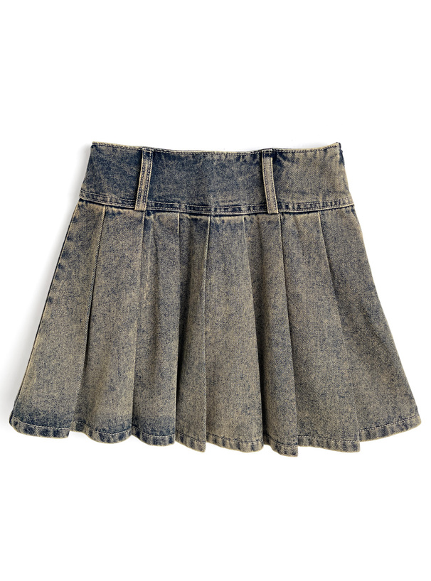 インパン裏地・ベルト付きデニムプリーツミニスカート