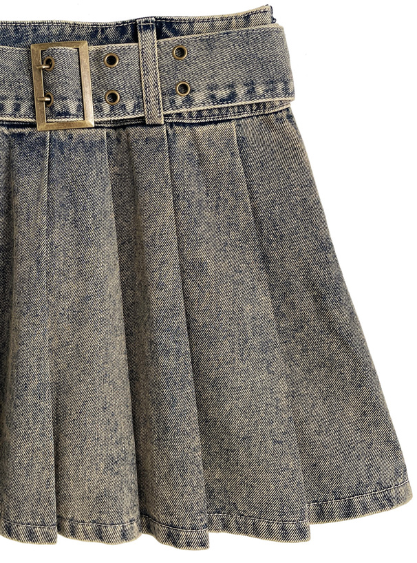 インパン裏地・ベルト付きデニムプリーツミニスカート