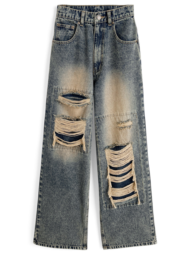 フェイクダメージストレートデニムパンツ