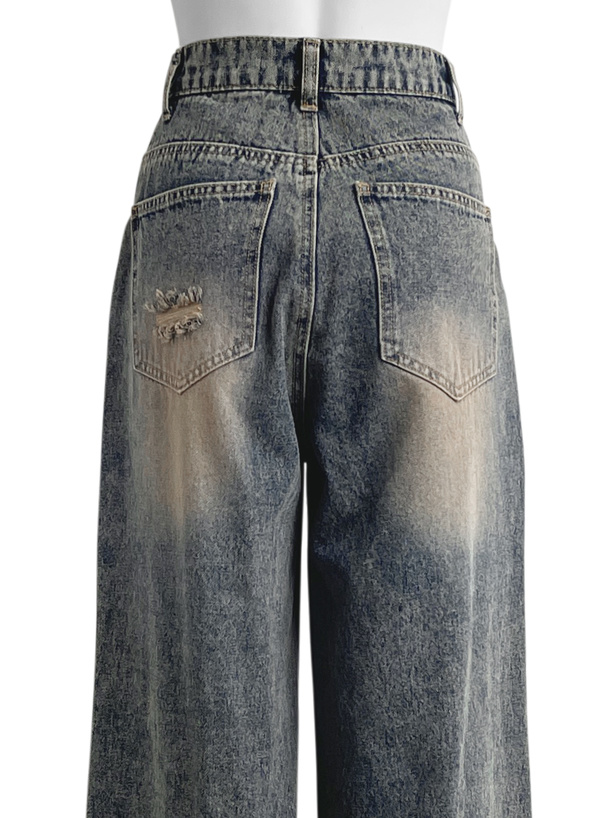 フェイクダメージストレートデニムパンツ