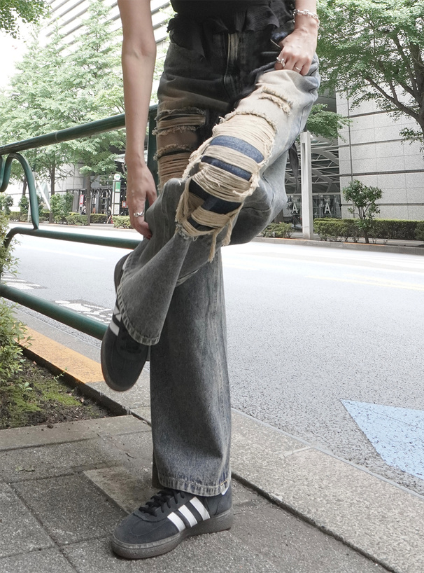 フェイクダメージストレートデニムパンツ
