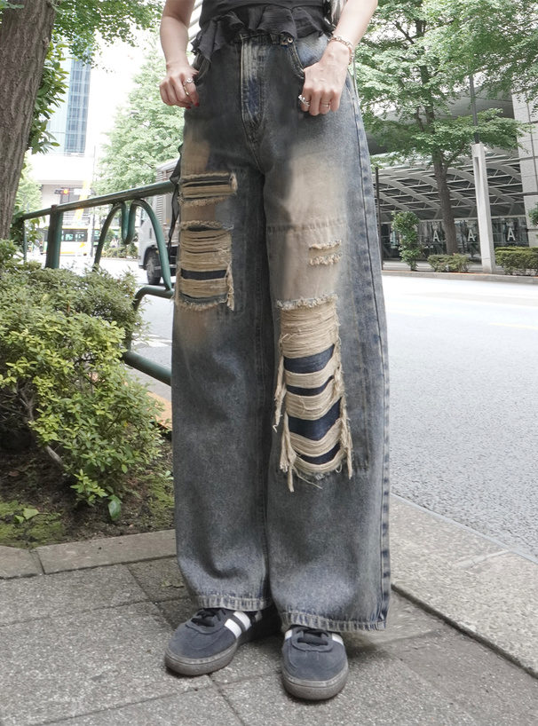 フェイクダメージストレートデニムパンツ