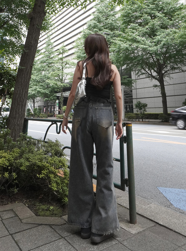 フェイクダメージストレートデニムパンツ