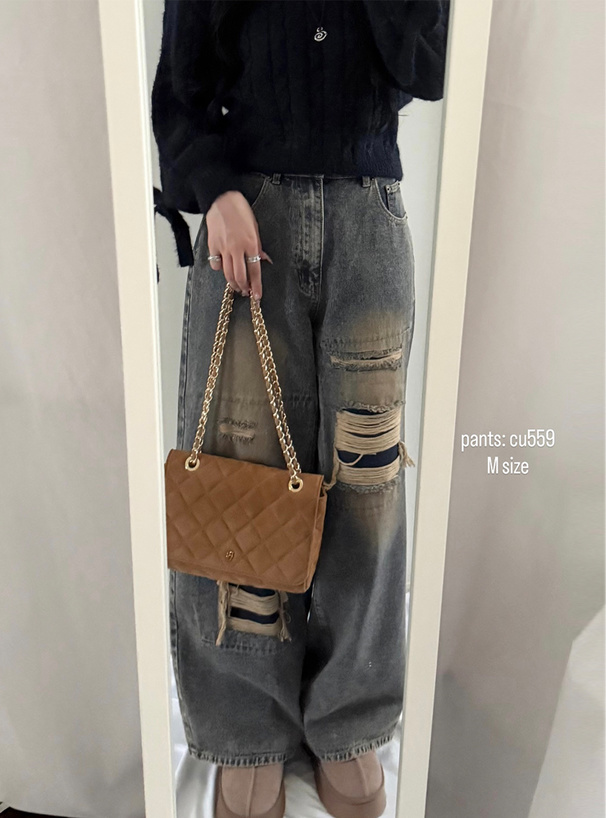 estoreja ストレートデニム ダメージ加工 ダメージジーンズ ダメージ加工ナチュラルストレートデニム