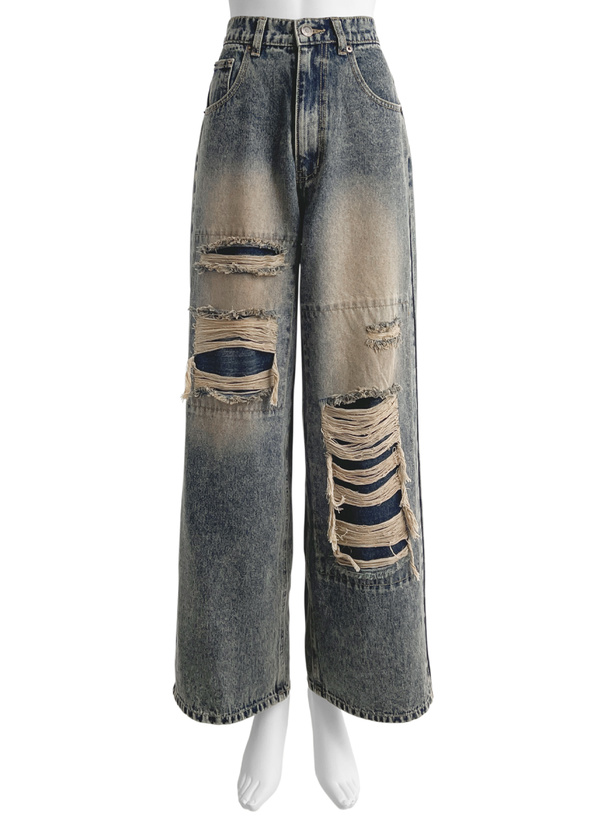 フェイクダメージストレートデニムパンツ[cu559] | レディース