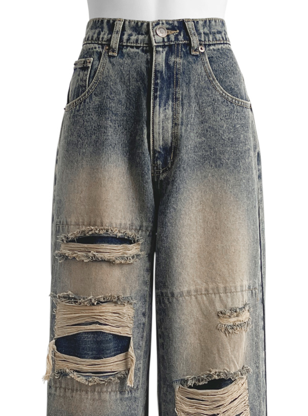 フェイクダメージストレートデニムパンツ