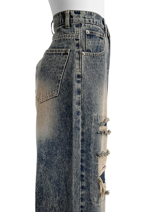 フェイクダメージストレートデニムパンツ