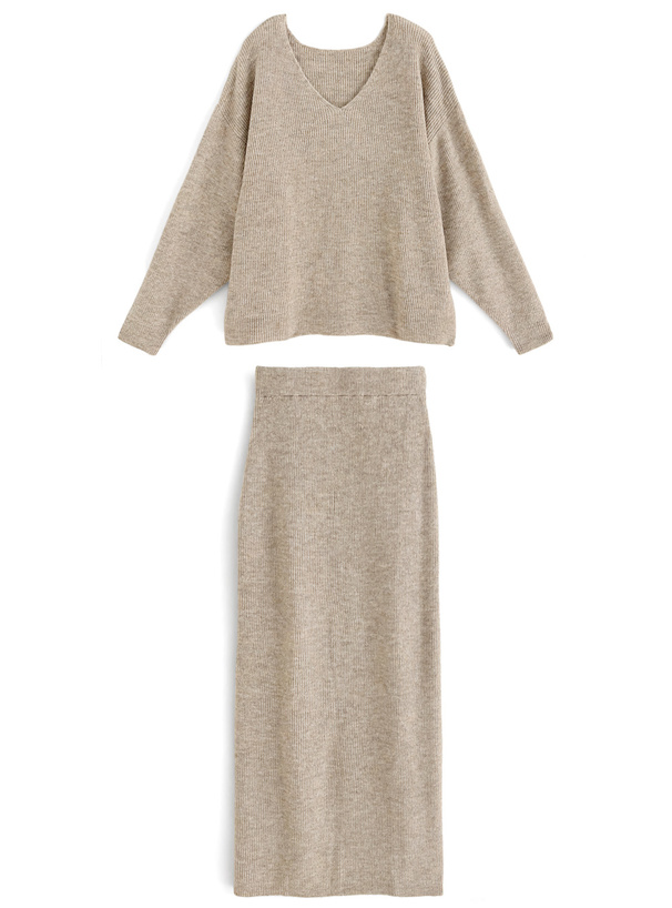 Vネックニットトップス×タイトスカートニットセットアップ[cu563