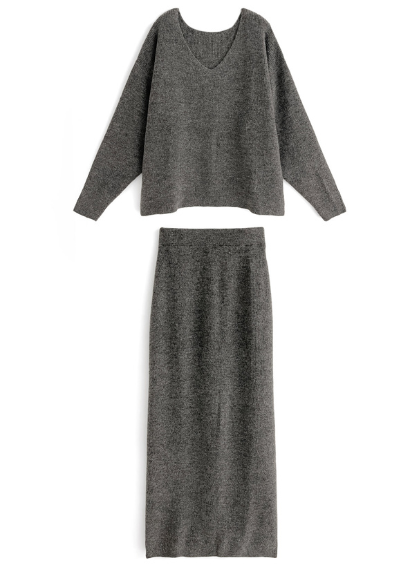 Vネックニットトップス×タイトスカートニットセットアップ[cu563