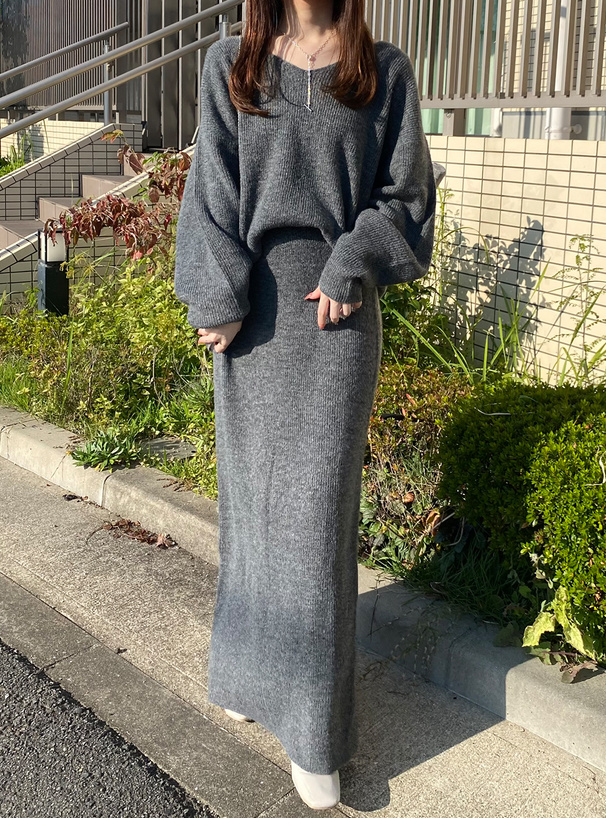 Vネックニットトップス×タイトスカートニットセットアップ[cu563