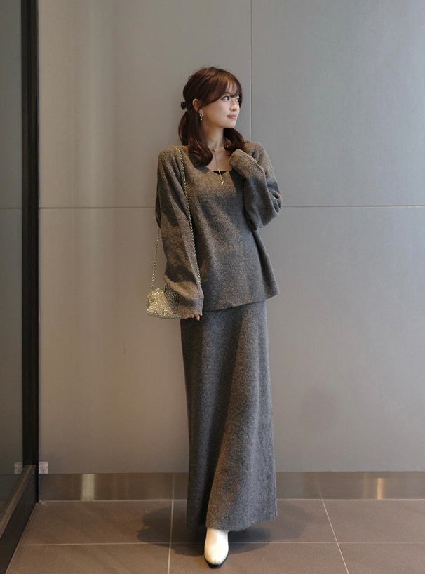 Vネックニットトップス×タイトスカートニットセットアップ[cu563