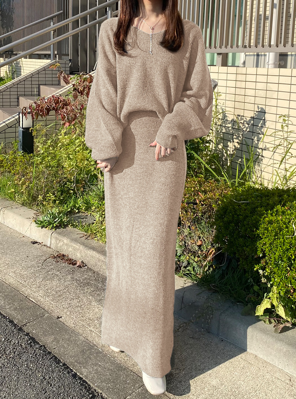 Vネックニットトップス×タイトスカートニットセットアップ[cu563