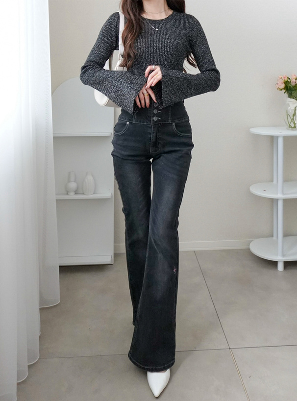 ラメリブフレアスリーブニットトップス