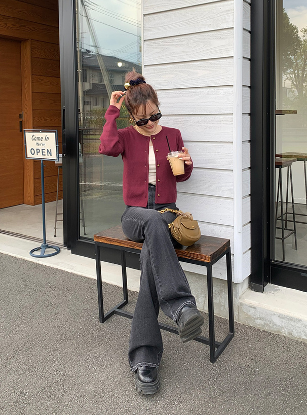 配色ステッチフレアデニムパンツ