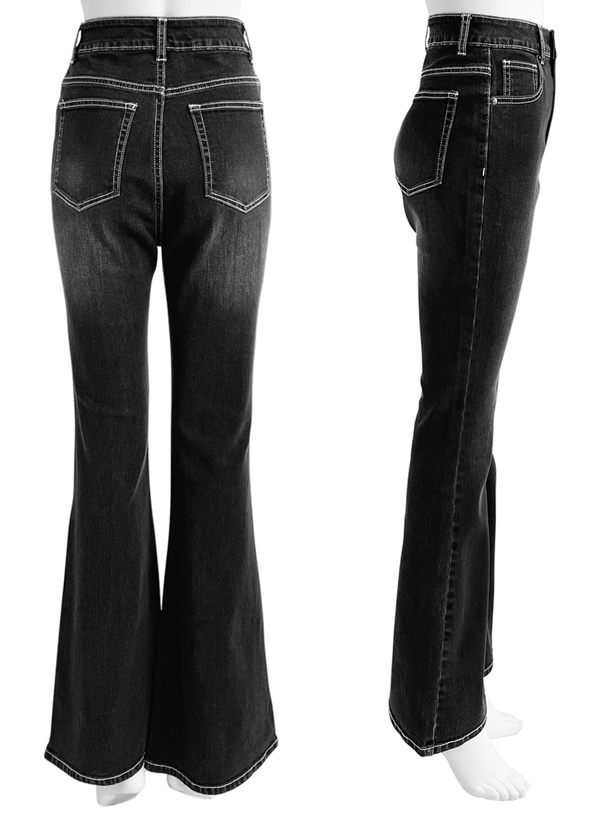 配色ステッチフレアデニムパンツ