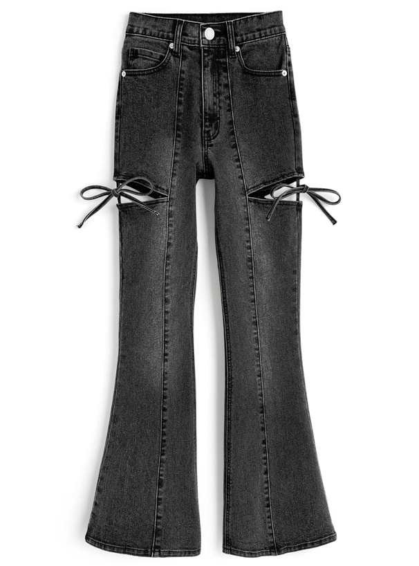 サイドカットアウトリボンフレアデニムパンツ[cu578]