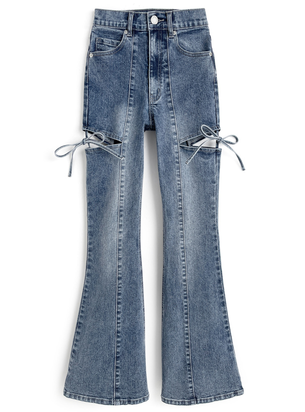 サイドカットアウトリボンフレアデニムパンツ