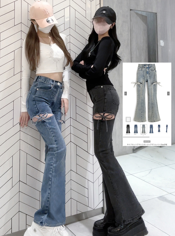 サイドカットアウトリボンフレアデニムパンツ[cu578] | レディース