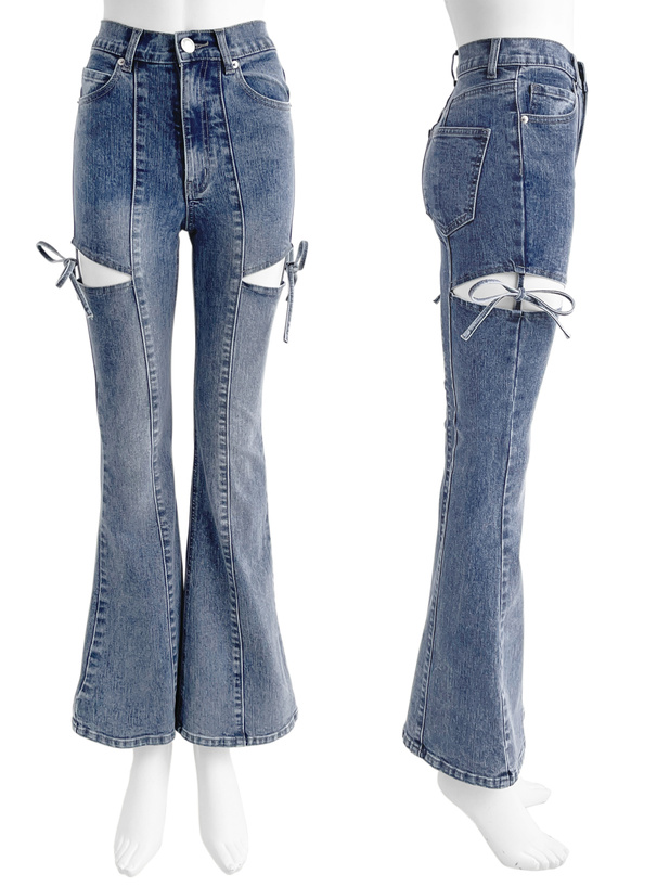 サイドカットアウトリボンフレアデニムパンツ