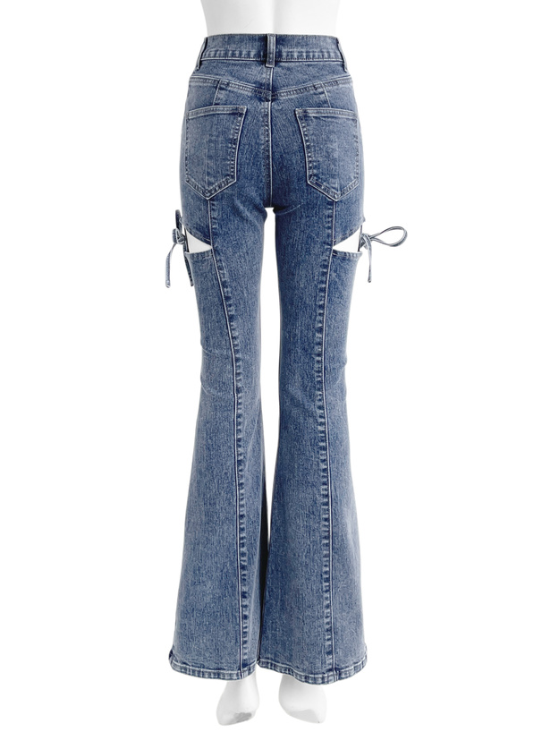 サイドカットアウトリボンフレアデニムパンツ