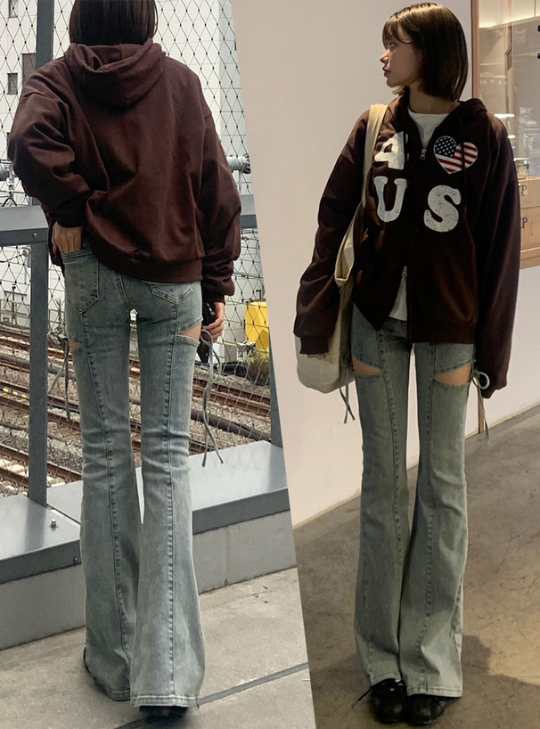 サイドカットアウトリボンフレアデニムパンツ