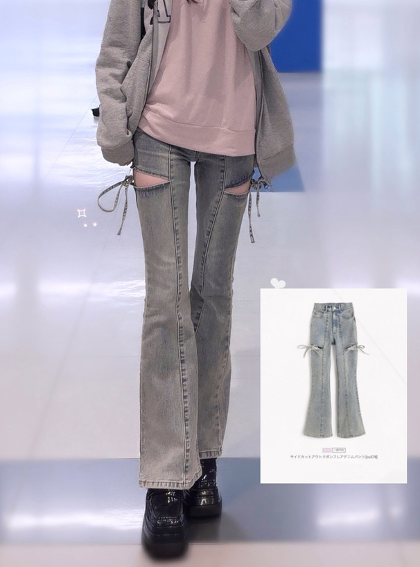 サイドカットアウトリボンフレアデニムパンツ[cu578] | レディース