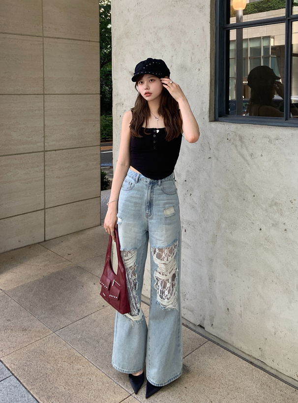 レースダメージデニムパンツ[cu585] | レディースファッション通販の