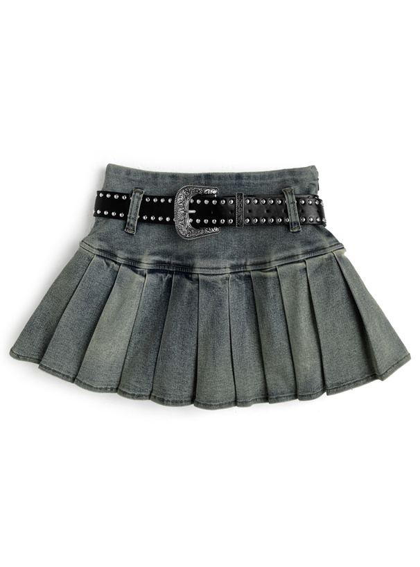 インパン・ベルト付きプリーツデニムミニスカート[cu589]
