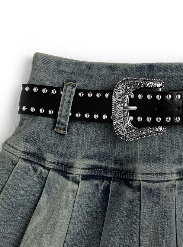 インパン・ベルト付きプリーツデニムミニスカート[cu589] | レディース