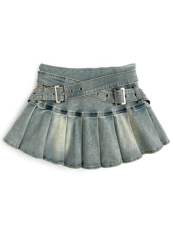 インパン付きクロスベルトプリーツデニムミニスカート