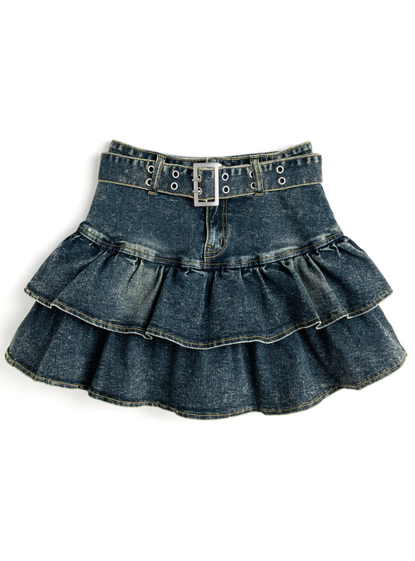 インパン・ベルト付きティアードフリルデニムミニスカート