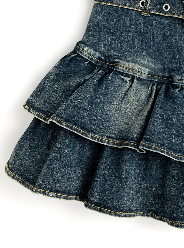 インパン・ベルト付きティアードフリルデニムミニスカート[cu592