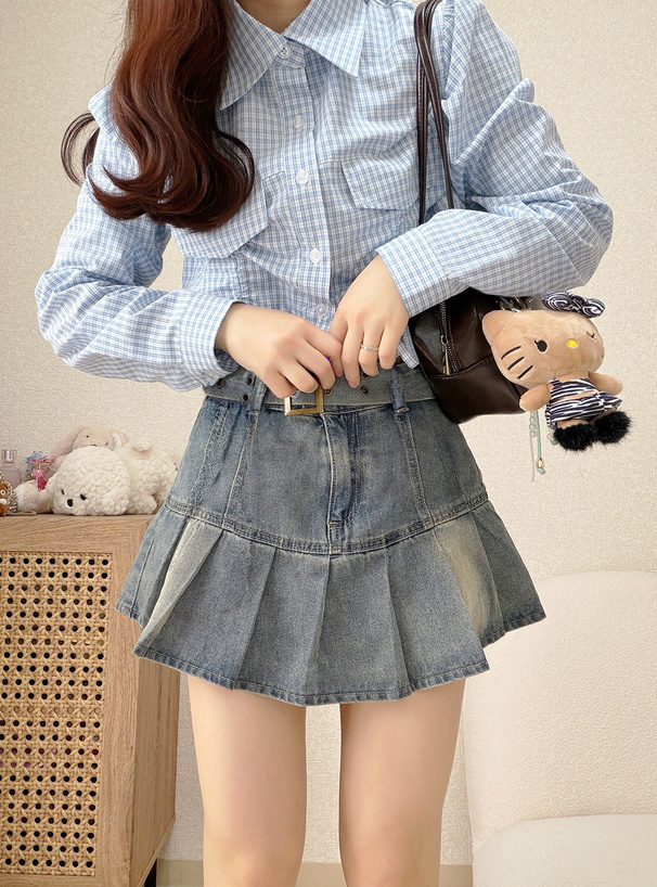 インパン・ベルト付きデニムプリーツスカート