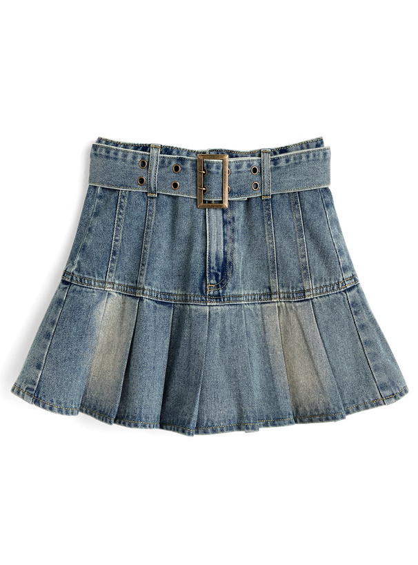 インパン・ベルト付きデニムプリーツスカート