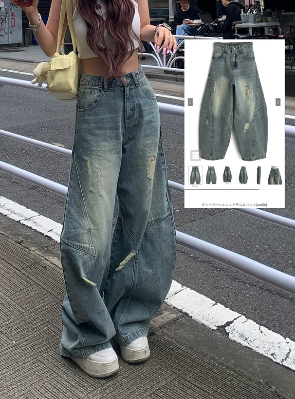 ダメージバレルレッグデニムパンツ
