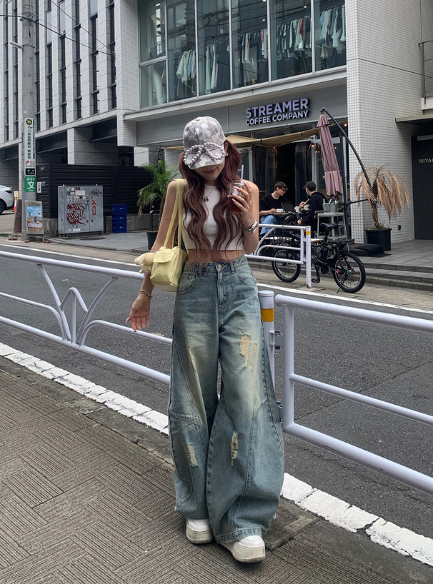 ダメージバレルレッグデニムパンツ