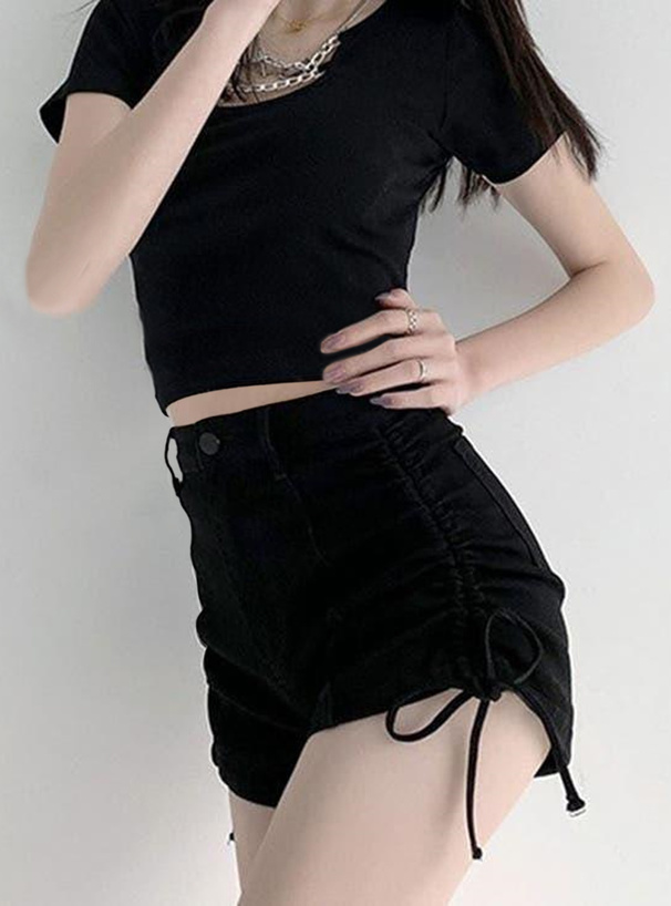 ドロストリボンデニムショートパンツ