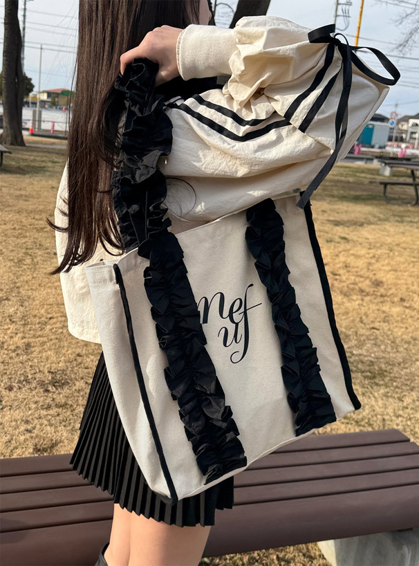 ロゴプリントフリルハンドルトートバッグ